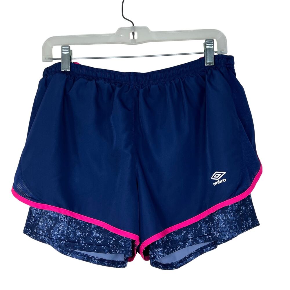 Umbro Athletic Shorts L Women Double Layer Running Built in Bike Short Blue Pink